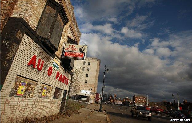 Boarded-up auto parts business in Detroit