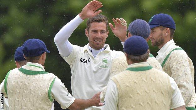 Max Sorensen celebrates taking his fifth wicket against Australia A