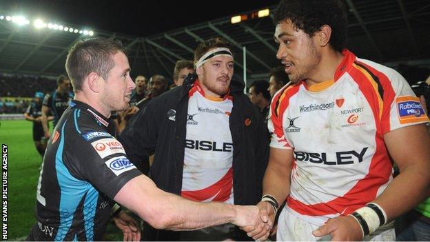 Shane Williams greets Toby Faletau at the end of a game between Ospreys and Newport Gwent Dragons