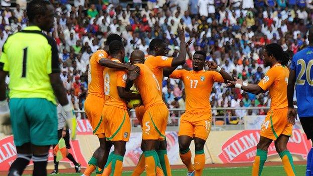 Ivory Coast celebrate one of their goals in Tanzania