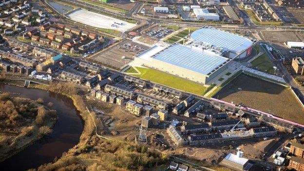 An aerial photo of the Emirates arena and the athletes' village