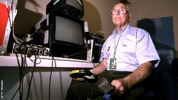 Murray Walker pictured while commentating for the BBC