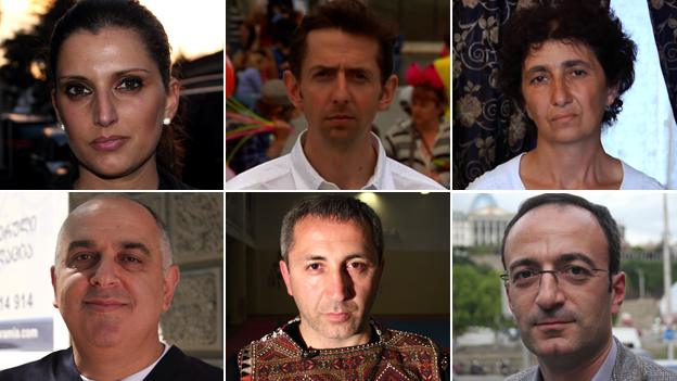 Combination photograph of the BBC's Tom Esslemont and five people from Tbilisi, Georgia