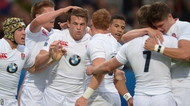 England celebrate Matt Hankin's try