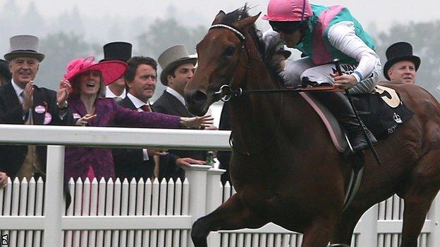 Riposte and jockey Tom Queally on their way to victory in the Ribblesdale Stakes