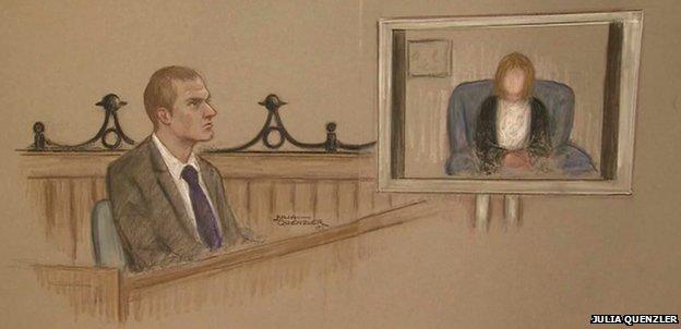 Courtroom sketch of Jeremy Forrest in the dock, with his victim - who cannot be named - giving evidence by videolink