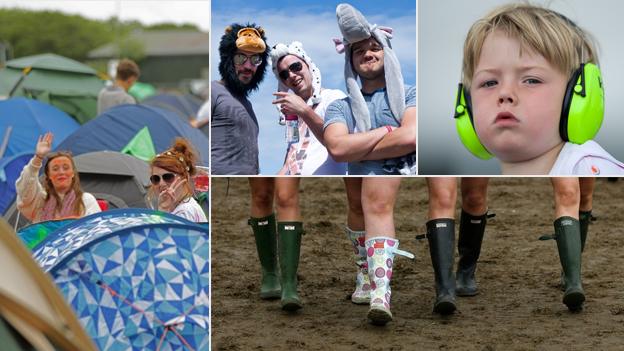 Clockwise from left: Colourful tents, fancy dress for grown-ups, ear defenders for children and posh wellies