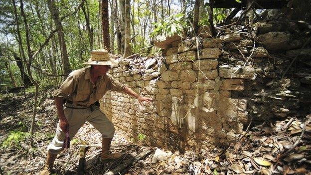 An archaeologist inspects a wall at a site where they have found an ancient Mayan city