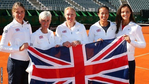 Johanna Konta, Judy Murray, Elena Baltacha, Anne Keothavong and Laura Robson before a Fed Cup match