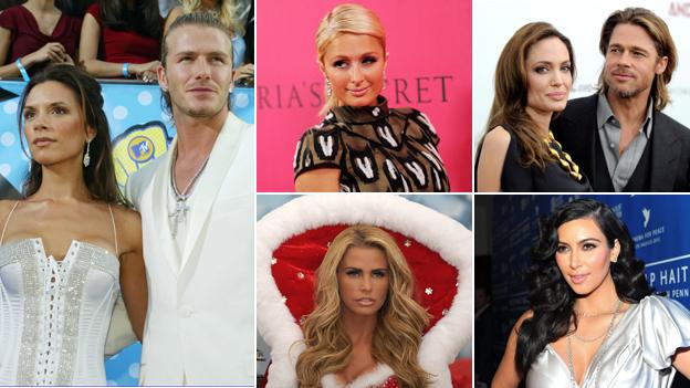 Composite of celebrities: Victoria and David Beckham; Paris Hilton; Angelina Jolie and Brad Pitt; Kim Kardashian; Katie Price