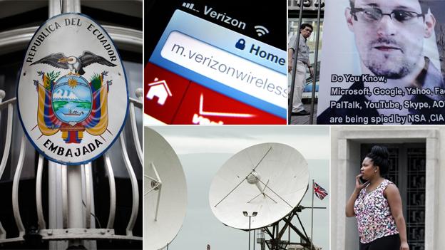 Equadorian embassy, Verizon wi-fi, Snowden poster, woman on a phone. GCHQ satellites