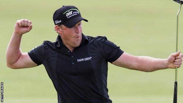 Jamie Donaldson punches the air after winning the Irish Open at Royal Portrush in 2012