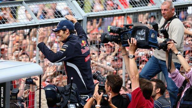 Mark Webber celebrates winning the 2012 British Grand Prix