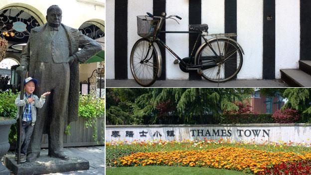 A composite image showing a statue of Winston Churchill (left), a bicycle (top right), and a sign saying "Thames Town" (bottom right)