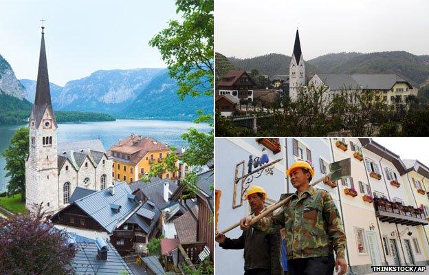 Hallstatt in Austria (l), and the replica in China (r)