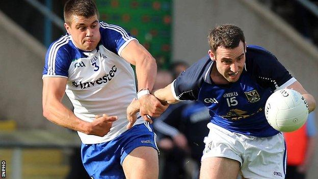 Monaghan's Drew Wylie tackles Eugene Keating at Clones