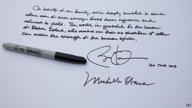 Note in visitor's book written by President Obama and signed by him and the first lady, 30 June 2013