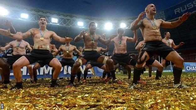 New Zealand celebrate after their Rugby World Cup Sevens success