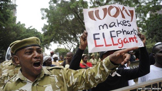 Kenya Wildlife Service rangers carrying placards in Nairobi