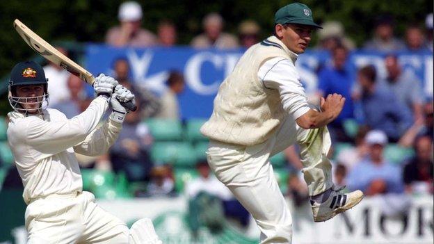 David Leatherdale takes evasive action from Australian batsman Damien Martyn