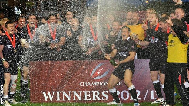 Newcastle Falcons celebrate winning the 2012-13 Championship play-offs