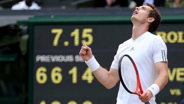 Andy Murray celebrates during his match against Fernando Verdasco at Wimbledon.