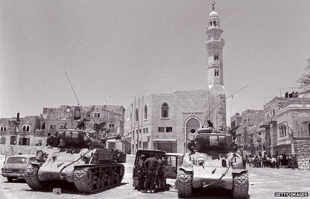 Two Israeli US-made Super Sherman tanks on patrol in 1967, just after the Six-Day War