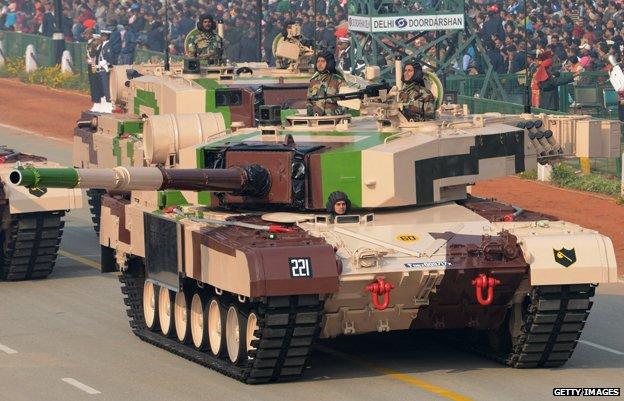 An Indian MBT Arjun MK-1 tank during rehearsals for the Indian Republic Day parade