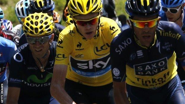 (l-r) Alejandro Valverde, Chris Froome and Alberto Contador