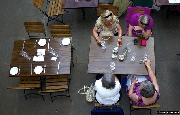 Looking down at people at a restaurant