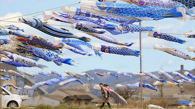 370 blue carp streamers hung to mourn children who died in Higashimatsushima, Miyagi prefecture