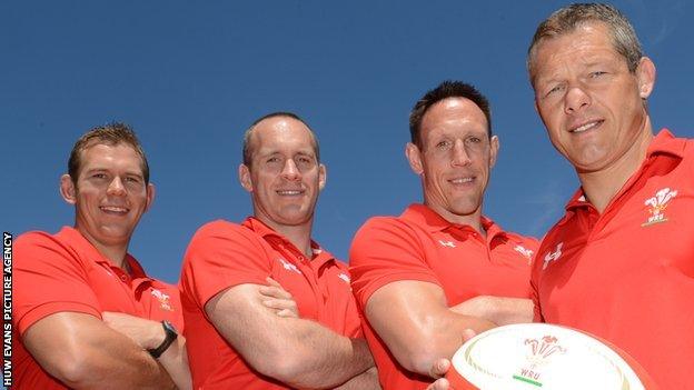 Wales under 20 head coach Byron Hayward (right) with assistants Ioan Cunningham and Richard Hodges and team manager Mark Taylor