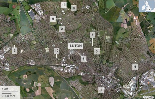 Map of 11 shootings in Luton