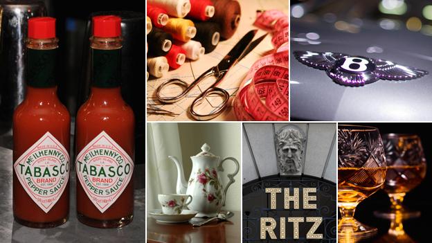 Composite: Tabasco sauce; haberdashery; Bentley logo; Whiskey; The Ritz; Teapot and tea