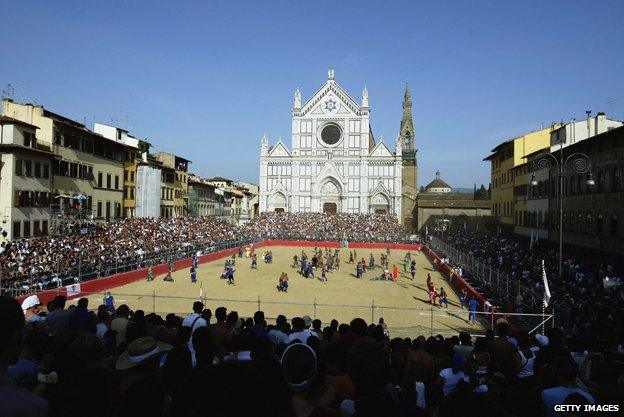 Calcio Storico takes place in the Santa Croce Piazza, Florence