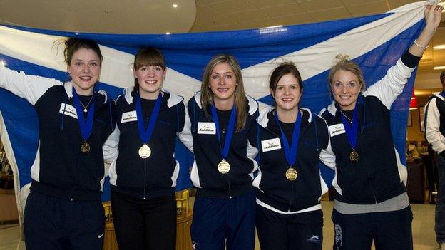 Scottish curlers Lauren Gray, Claire Hamilton, Eve Muirhead, Vicki Adams and Anna Sloan