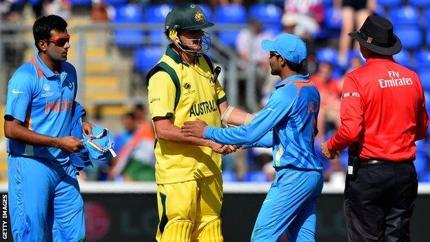 Australia's Adam Voges shakes hands with India's Ravindra Jadeja