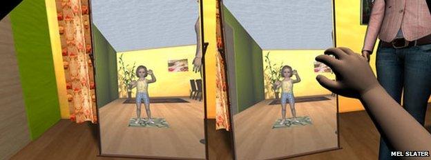 The virtual body could also be seen as reflected in a virtual mirror