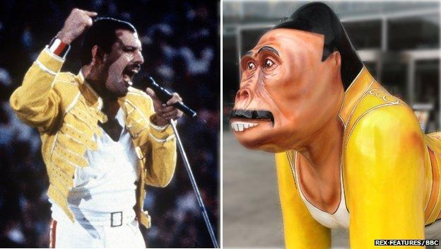 Freddie Mercury performing and Freddie 'Radio Go Go' Gorilla