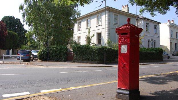 Penfold pillar box at corner of Pittville Circus Road and Hewlett Road in Cheltenham