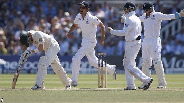 Australia batsman Michael Clarke is dismissed against England in the second Ashes Test at Lord's