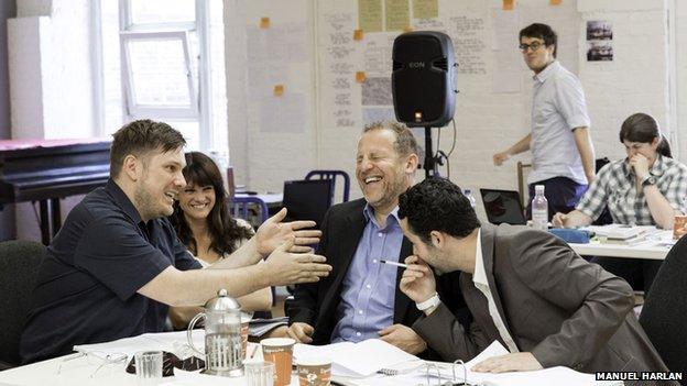 Mark Wootton, Niky Wardley, Nigel Lindsay and Daniel Mays in rehearsal for The Same Deep Water As Me