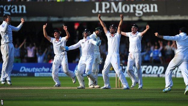 England celebrate their 347-run victory at Lord's