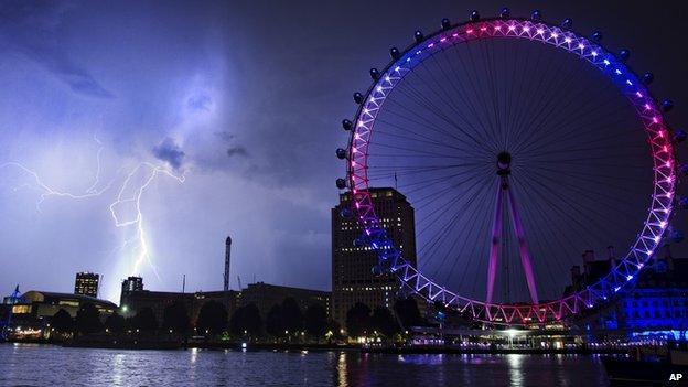 Lightning behind the London Eye