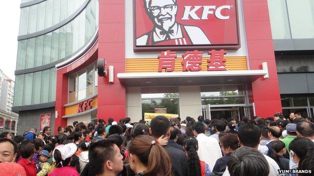 Crowds outside a new KFC restaurant in China