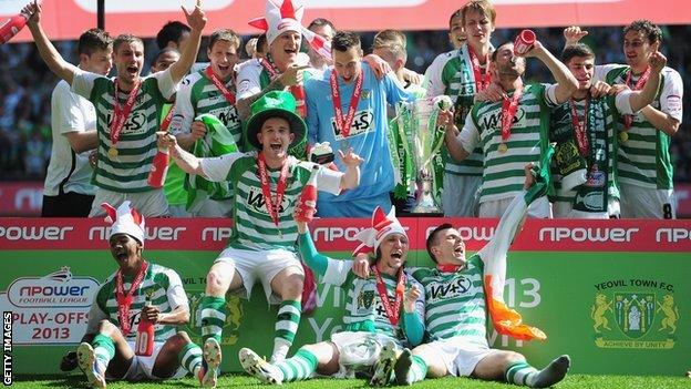 Yeovil players celebrate winning League One play-off final