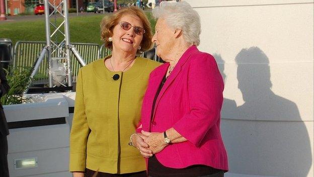 Barbara Clough and Lilian Taylor at the unveiling of a statue to their husbands