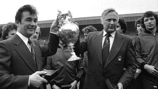 Nigel Clough and Peter Taylor lifting the League Championship at the County Ground