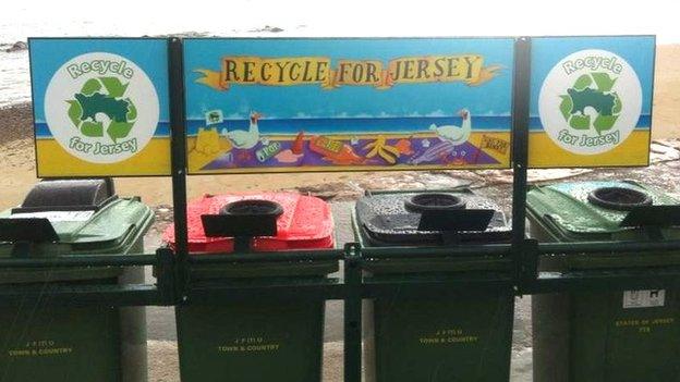 Recycling bins on Jersey beach