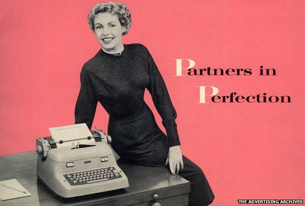 An advert from the 1940s showing a woman perched on a desk with a typewriter on it, beside the tagline "Partners in Perfection"